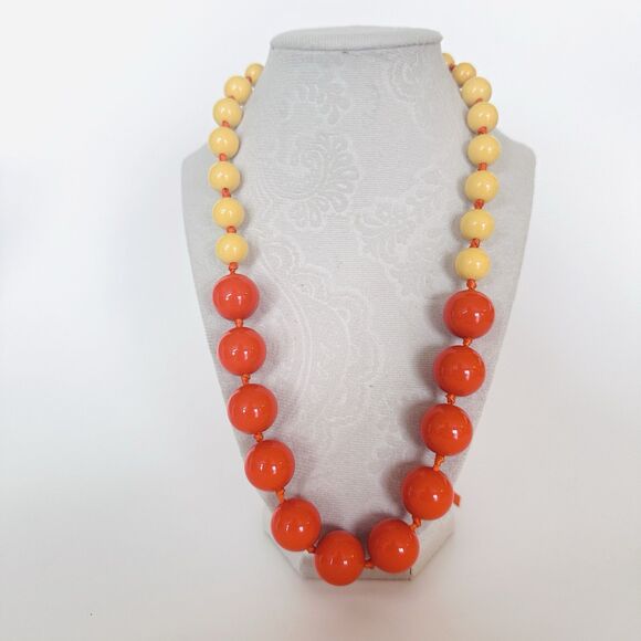 Gum Ball Chunky Beaded Necklace Knotted Tie Satin Ribbon Graduated Orange Yellow - Picture 3 of 7